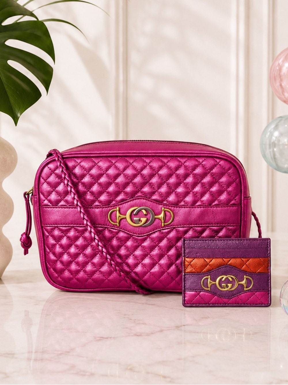 Gucci Metallic Fuchsia Quilted Trapuntata + Card Holder Set | Style - GG Marmont
